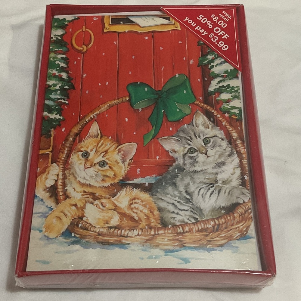Festive Holiday Card Set with Cats - Red and Green vintage and never been open.